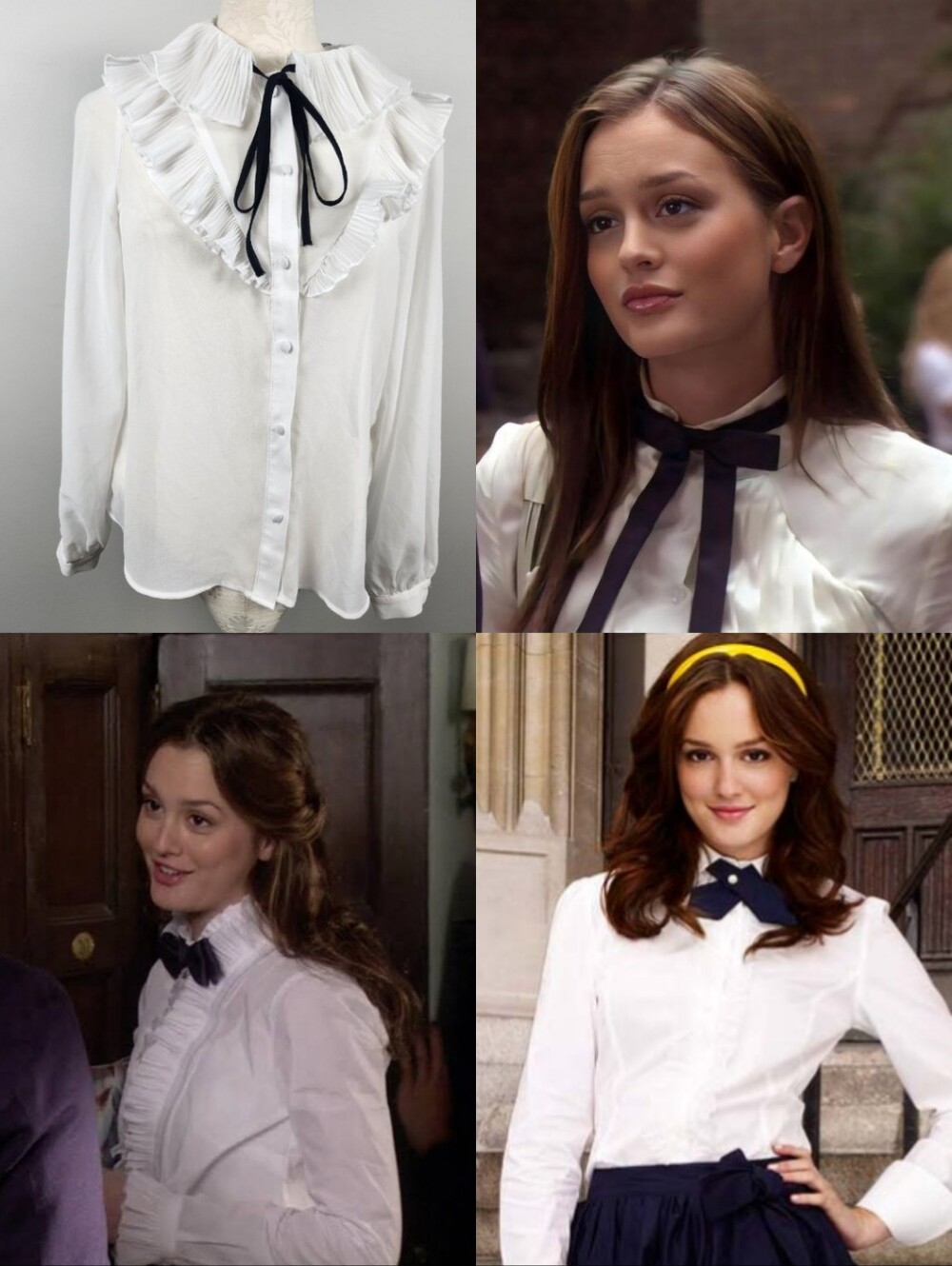 Zara White Long Sleeve Top Black Bow Blair Waldorf Sz S Preppy Dark Academia
